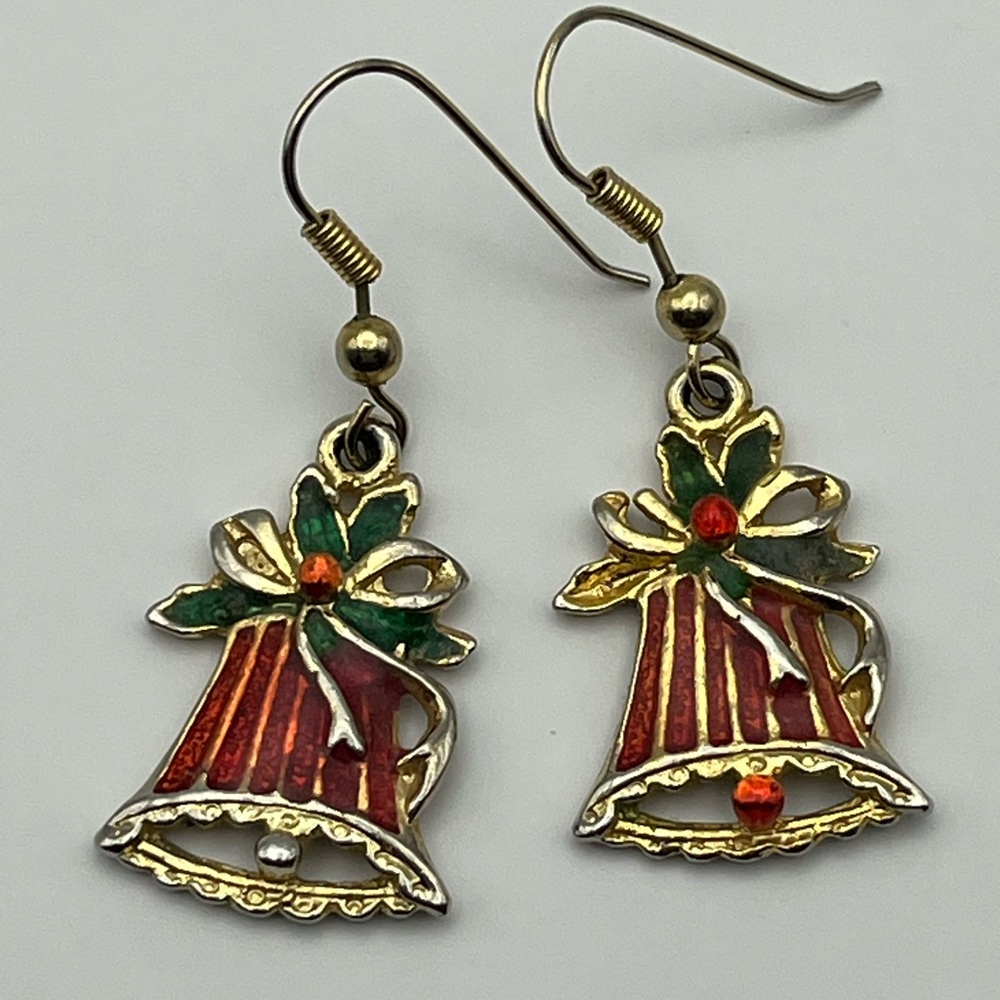 Vintage Gold Tone Christmas Bell Green Red Dangle Hook Earrings